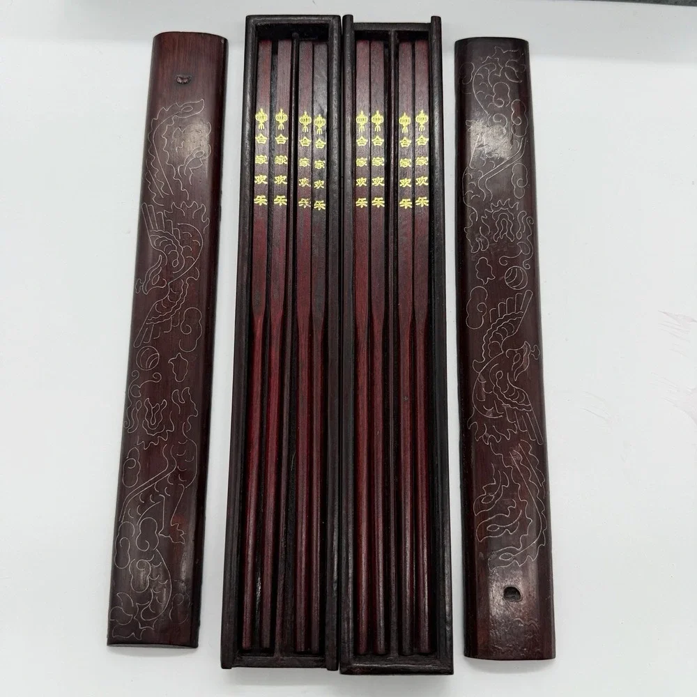Vintage Chinese Wood Chopsticks Set w/ Carved Dragon Case 8 Pair Red Lacquer
